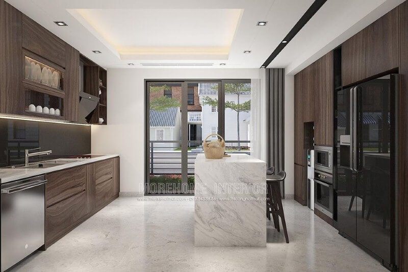 Phòng bếp được thiết kế bằng gỗ công nghiệp An Cường có đẹp.